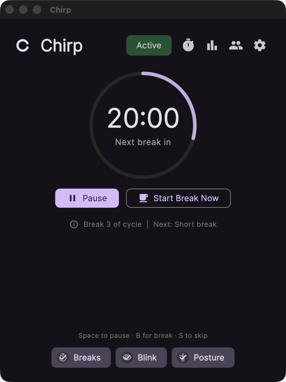 Chirp home screen with break timer