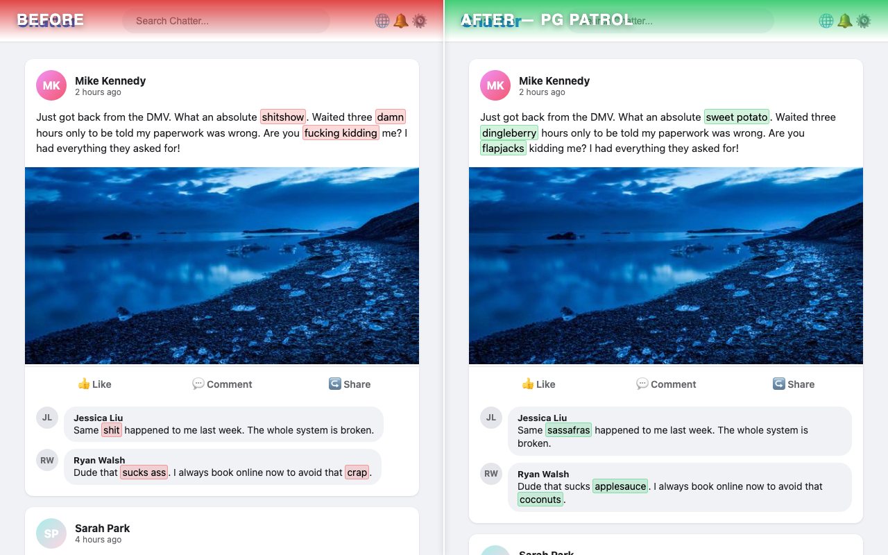 Text filtering: before and after comparison