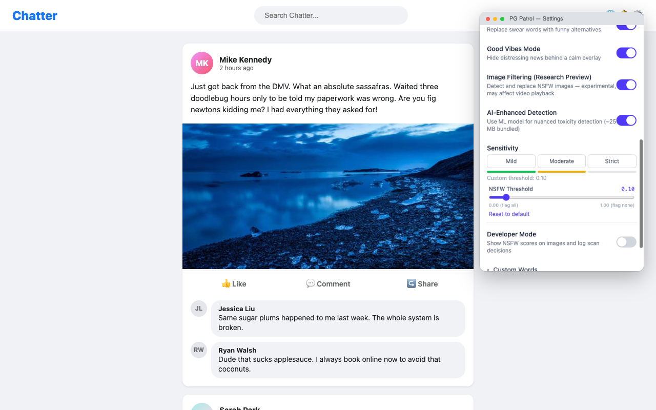 Customizable settings and sensitivity levels