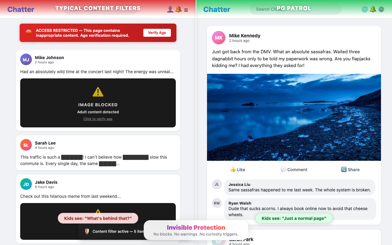 Side-by-side comparison: typical content filters show blocking warnings while PG Patrol shows a clean, natural page